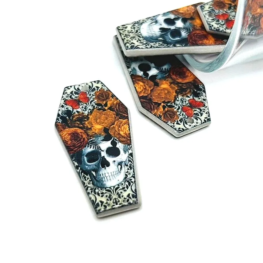 1, 4 or 20 Pieces: Fall/Autumn Coffin Skull Dia De Los Muertos Charms - Double Sided