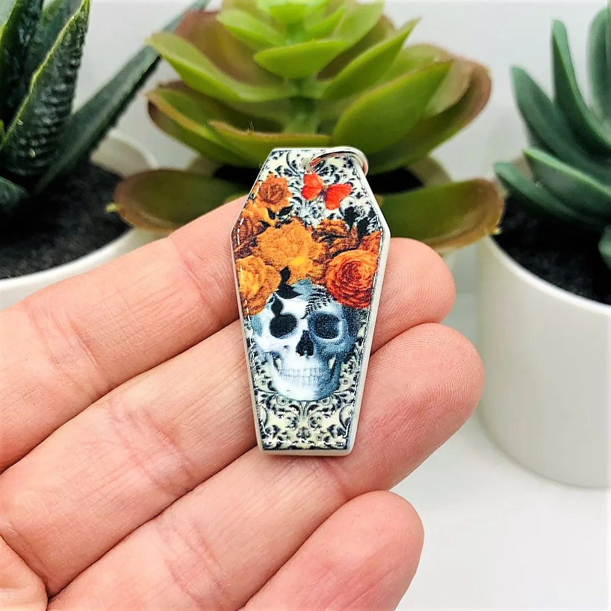 1, 4 or 20 Pieces: Fall/Autumn Coffin Skull Dia De Los Muertos Charms - Double Sided