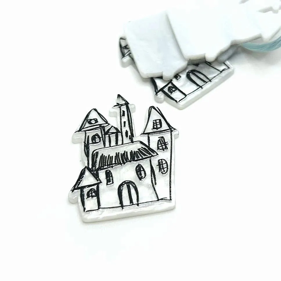 1, 4 or 20 Pieces: White and Black Haunted House Crayon Drawing Pendant Charms