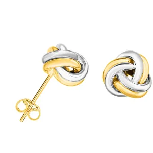 14k Two Tone Gold Shiny Double Row Round Tube Love Knot Stud Earrings, 10mm