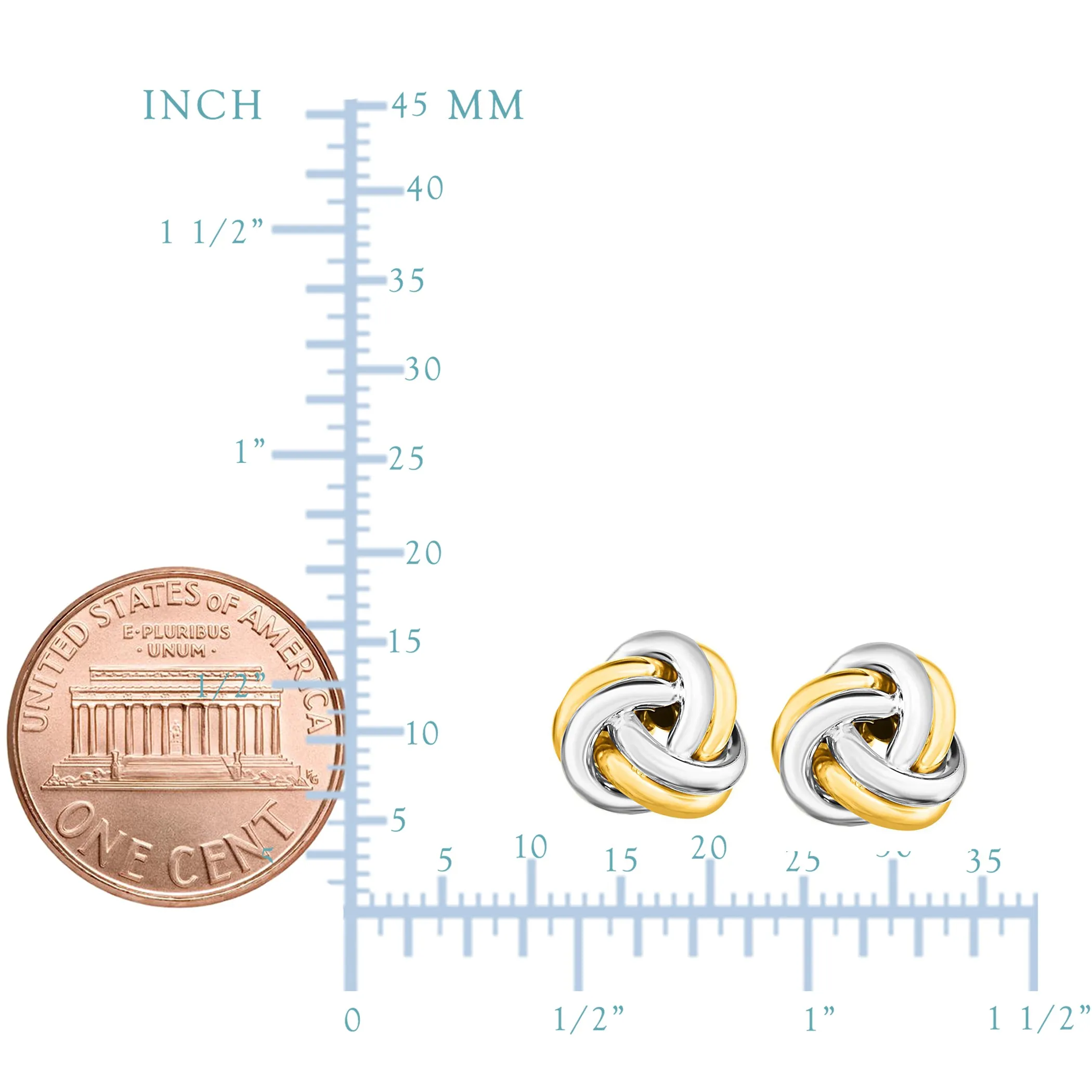 14k Two Tone Gold Shiny Double Row Round Tube Love Knot Stud Earrings, 10mm