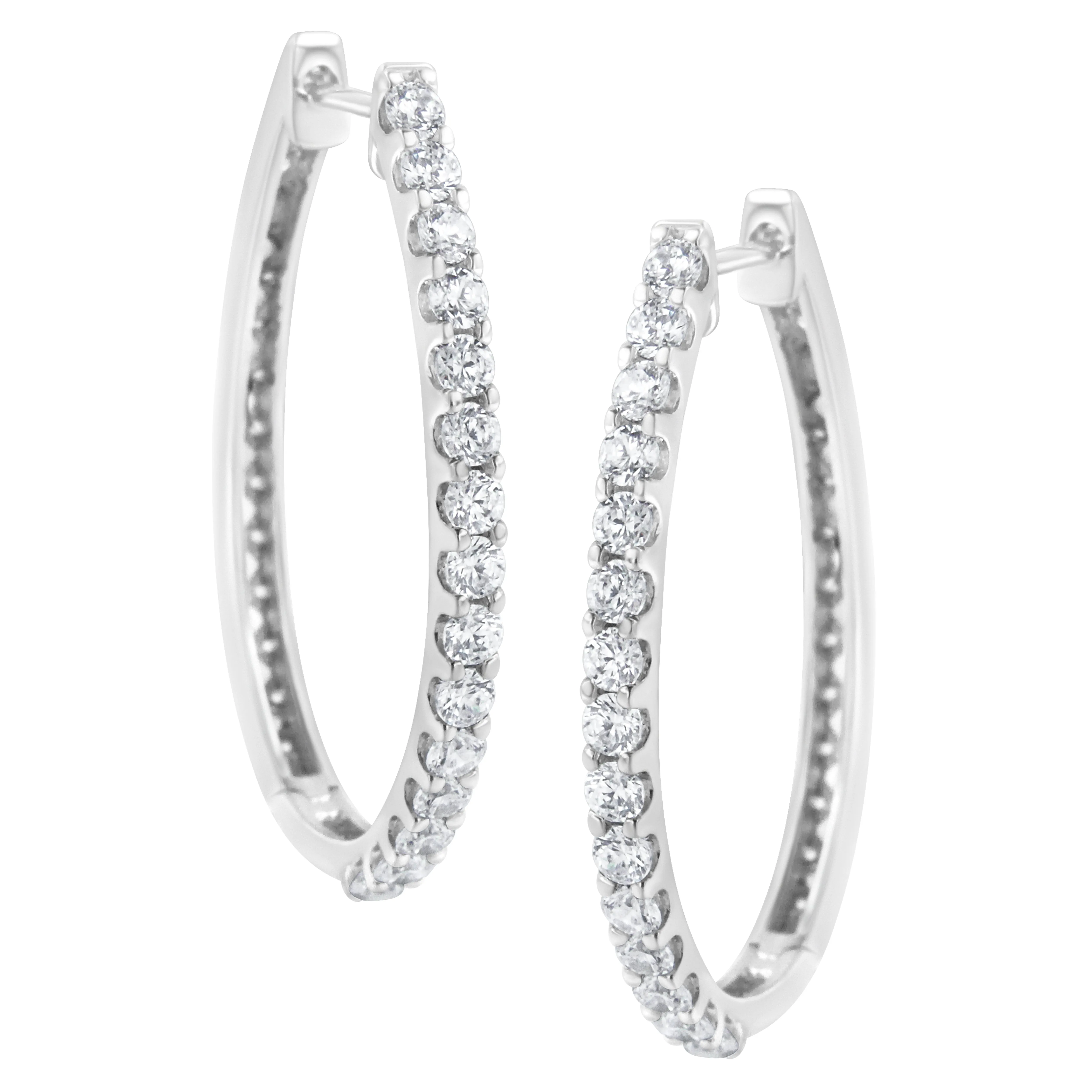 14K White Gold 2.0 Cttw Round Brilliant Cut Diamond Oblong Hinged Leverback Hoop Earrings