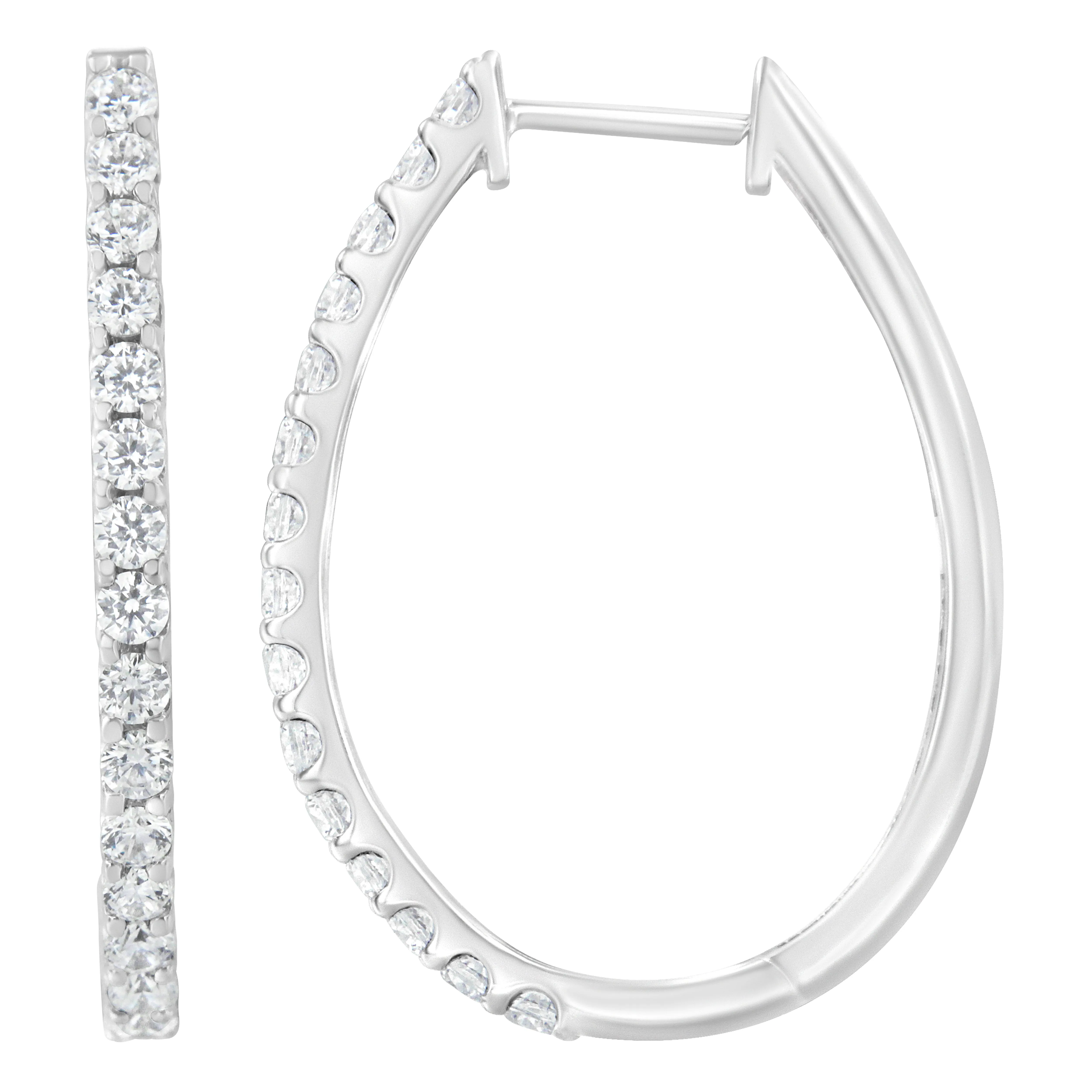 14K White Gold 2.0 Cttw Round Brilliant Cut Diamond Oblong Hinged Leverback Hoop Earrings