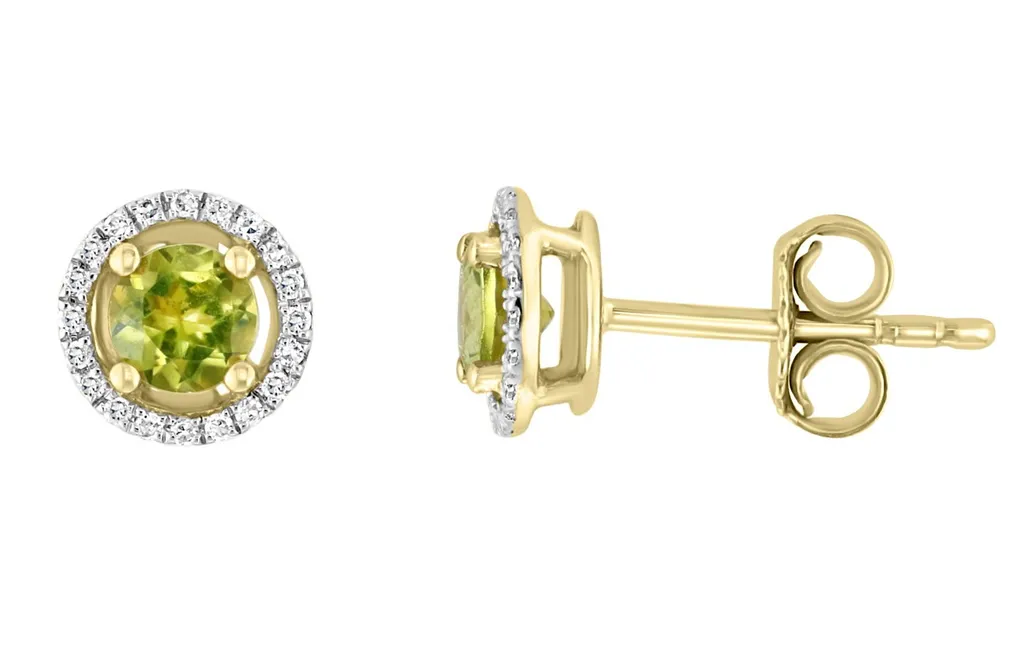 14K Yellow Gold 0.70ctw Peridot & Diamond Halo Stud Earrings