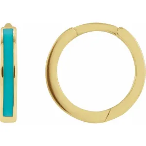 14K Yellow Gold 12 mm Hinged Turquoise Enamel Huggie Earrings