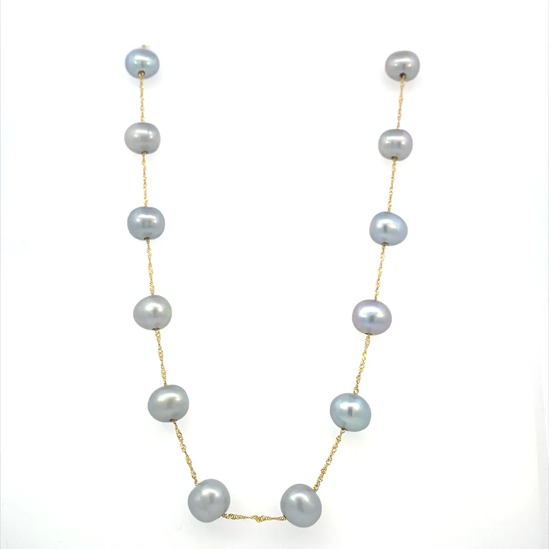 14K Yellow Gold 6.5-7mm Dyed Gray Freshwater Pearl Station Necklace