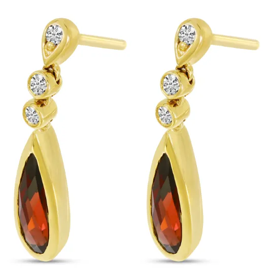 14K Yellow Gold Pear Garnet & Diamond Drop Earrings