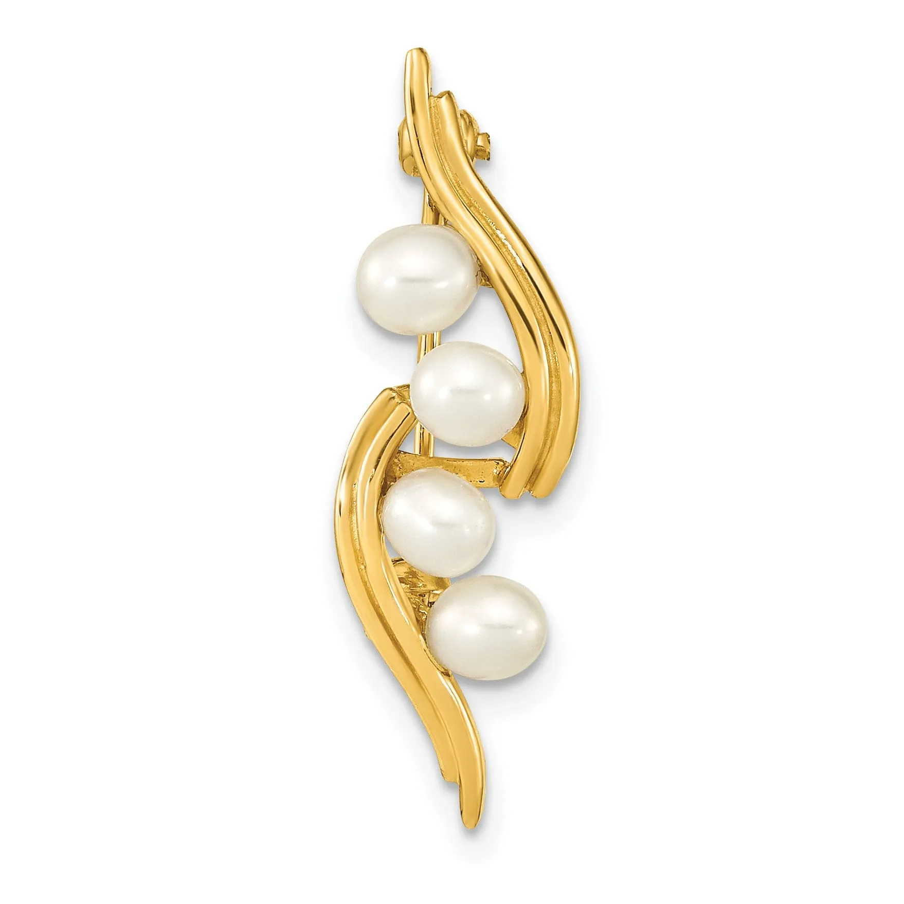 14K Yellow Gold Polished Finish Women's  4-5 mm Size White Freshwater Cultured Swirl Design Brooch Pin