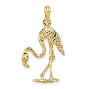 14K Yellow Gold Polished Textured Finish 3-Dimensional Flamingo Design Charm Pendant