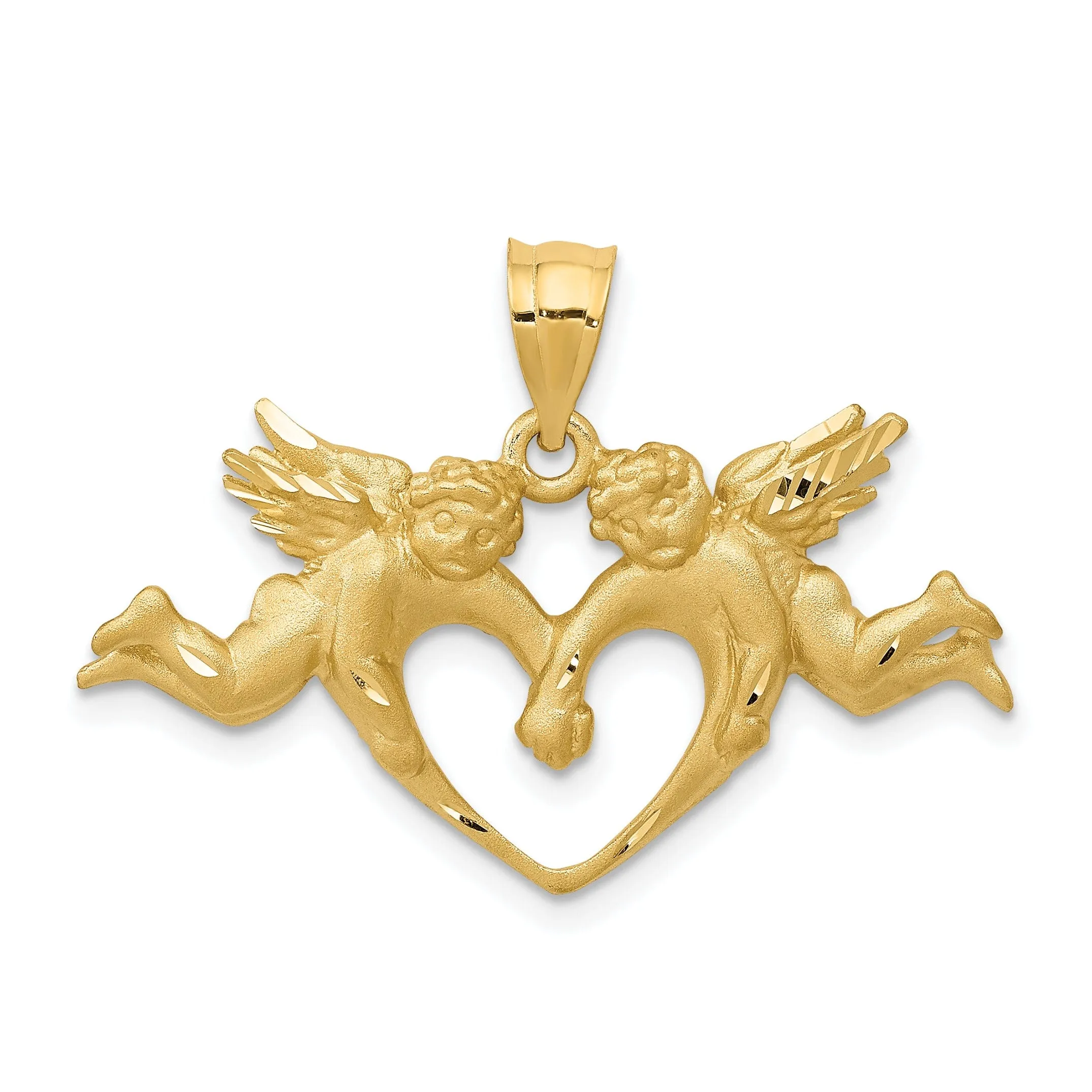 14k Yellow Gold Satin D.C Finish Solid Two Angels Heart Pendant