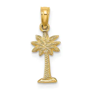 14K Yellow Gold Texture Finish Flat Back 2-Dimensional Small Size Palmetto Palm Tree Charm Pendant