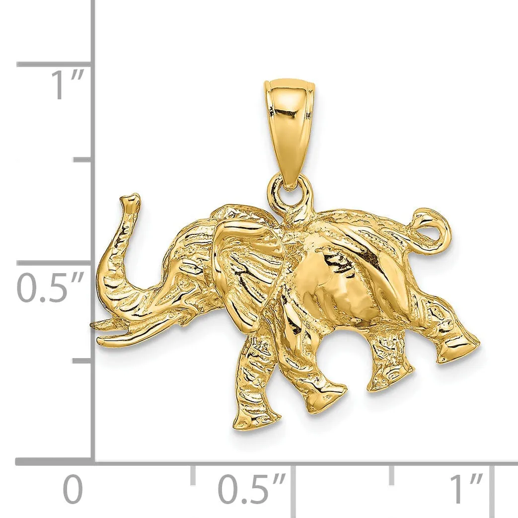 14K Yellow Gold Textured Polished Finish 3-Dimensional Elephant With Tusk Charm Pendant