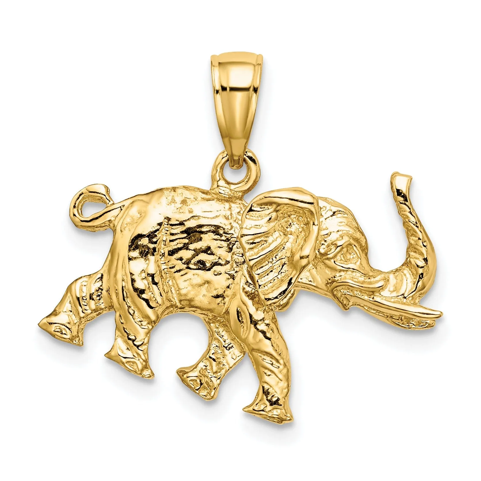 14K Yellow Gold Textured Polished Finish 3-Dimensional Elephant With Tusk Charm Pendant