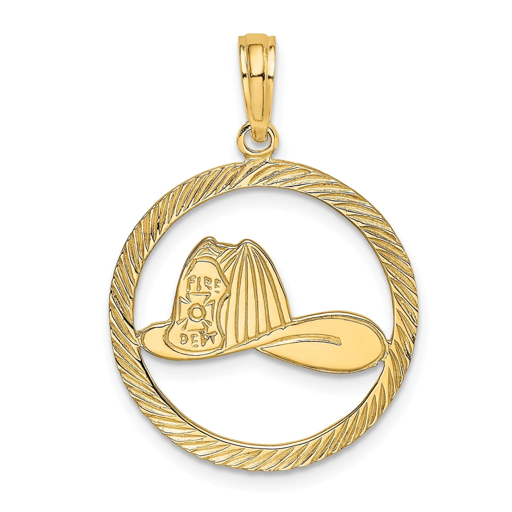 14k Yellow Gold Textured Polished Finish Fireman Helmet in Circle Disk Shape Design Charm Pendant