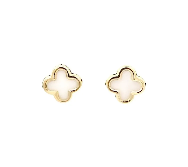 14K Yellow Gold White Enamel Clover Kid's Stud Earrings