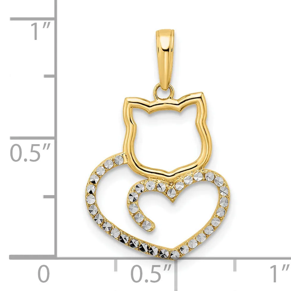 14k Yellow Gold White Rhodium Solid Flat Back Unisex Diamond Cut Polished Finish Cat Heart Design Charm Pendant