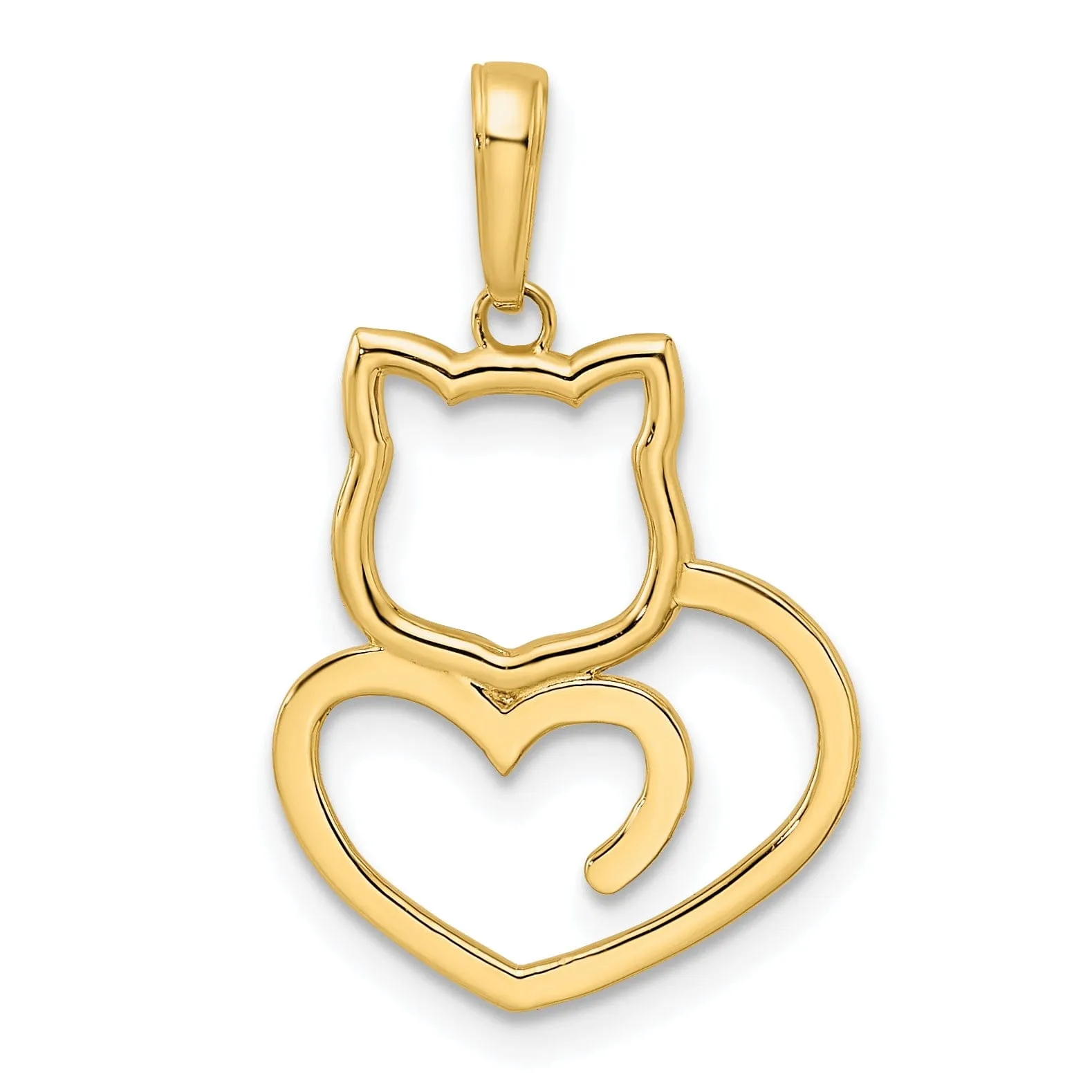 14k Yellow Gold White Rhodium Solid Flat Back Unisex Diamond Cut Polished Finish Cat Heart Design Charm Pendant