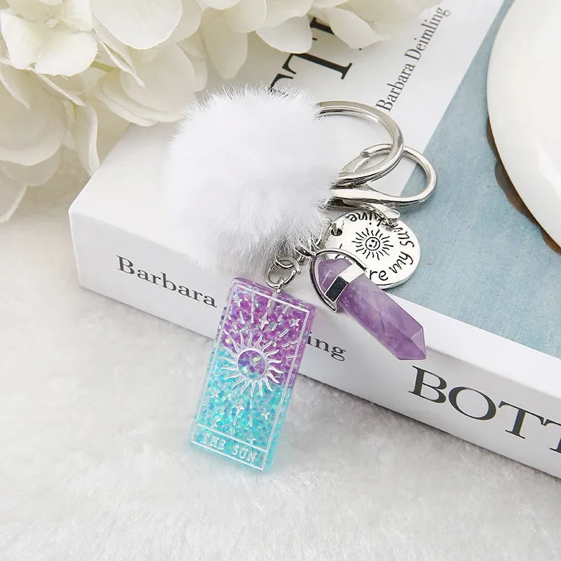 1PC Keyring Tarot Card Sun Resin With Puffer Ball And Quartz Stone - Perfect Gift