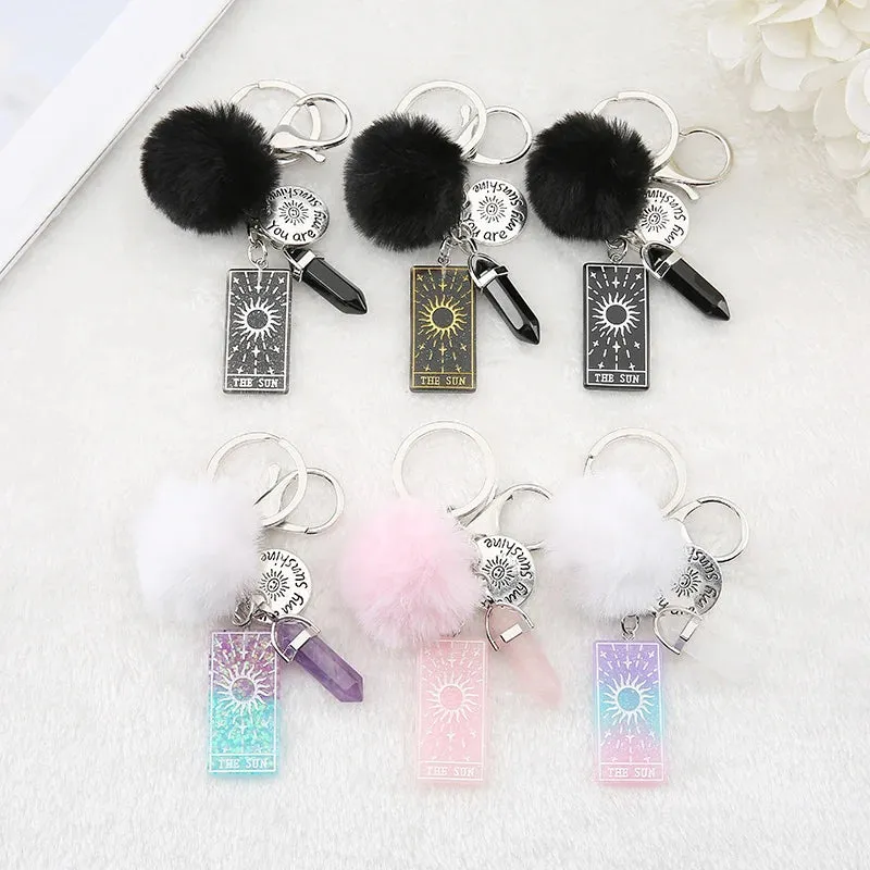 1PC Keyring Tarot Card Sun Resin With Puffer Ball And Quartz Stone - Perfect Gift