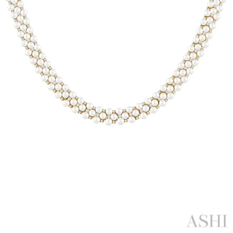 2 1/5 Ctw Triple Row 3 MM Cultured Pearl and Round Cut Diamond Fashion Necklace in 14K Yellow Gold