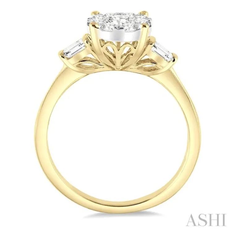 3/4 Ctw Round and Baguette Diamond Lovebright Engagement Ring in 14K Yellow and White gold