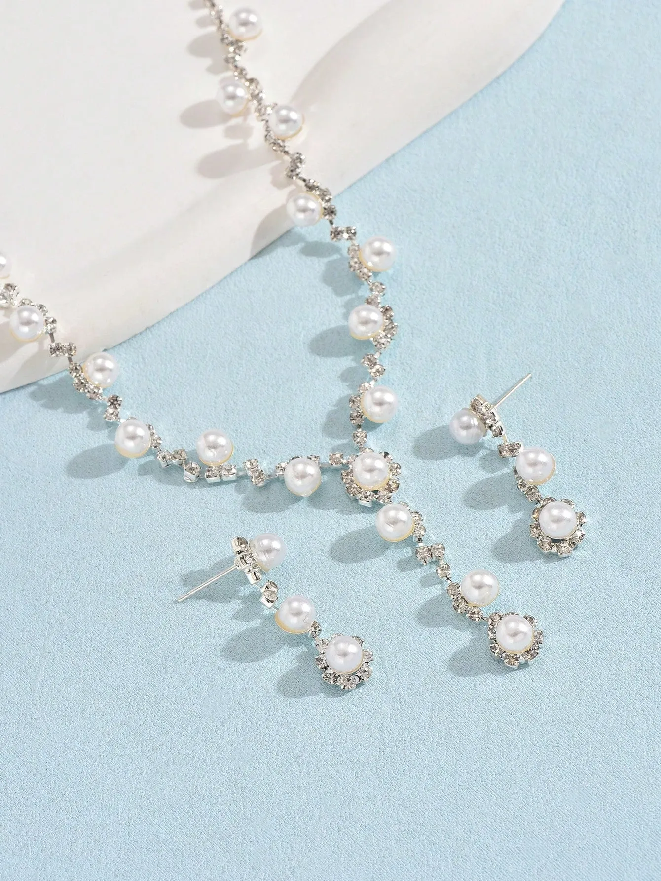 3pcs Luxurious Pearl Inlaid Necklace And Earrings Set For Wedding And Party