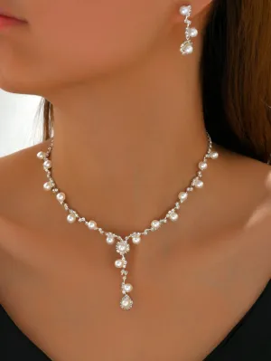 3pcs Luxurious Pearl Inlaid Necklace And Earrings Set For Wedding And Party