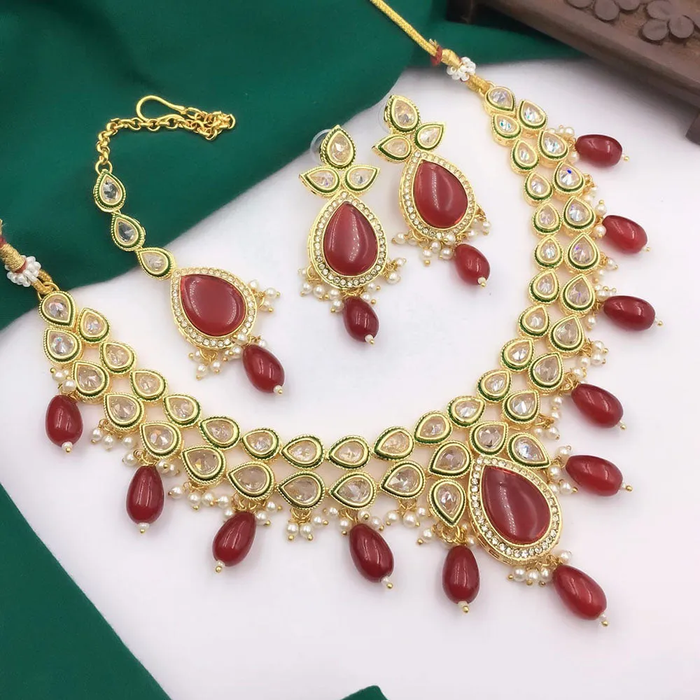 5G Jewellery Gold Plated Crystal Stone And Beads Necklace Set