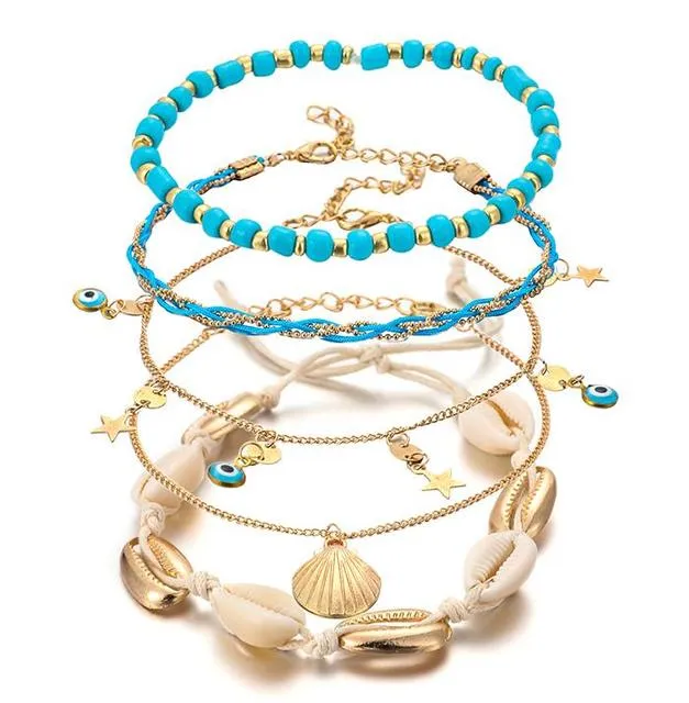 5pcs/sets Bohemian Summer Shell Beaded Anklet for Women