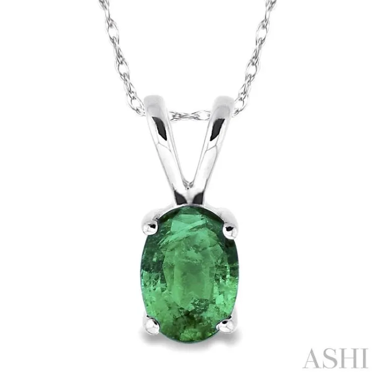 6x4 MM Oval Cut Emerald Pendant in 14K White Gold with Chain