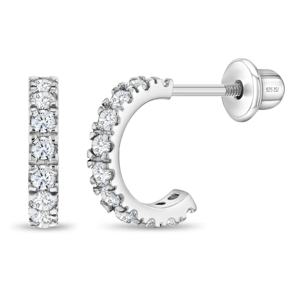 925 Sterling Silver Adorable Clear Cubic Zirconia Small Half Hoop Screw Back Earrings for Teens and Women