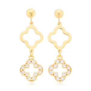 9ct Yellow Gold Silver Filled Round White Clover Cubic Zirconia Drop Earrings