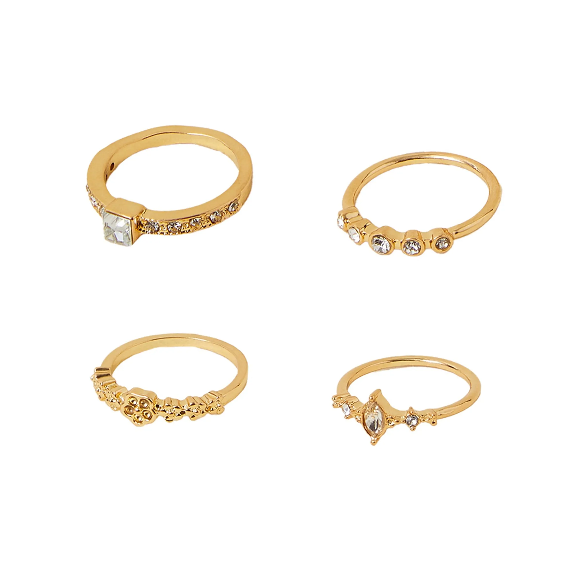 Accessorize London Women Gold Flower Sparkle Rings White Pack Of 4-Medium