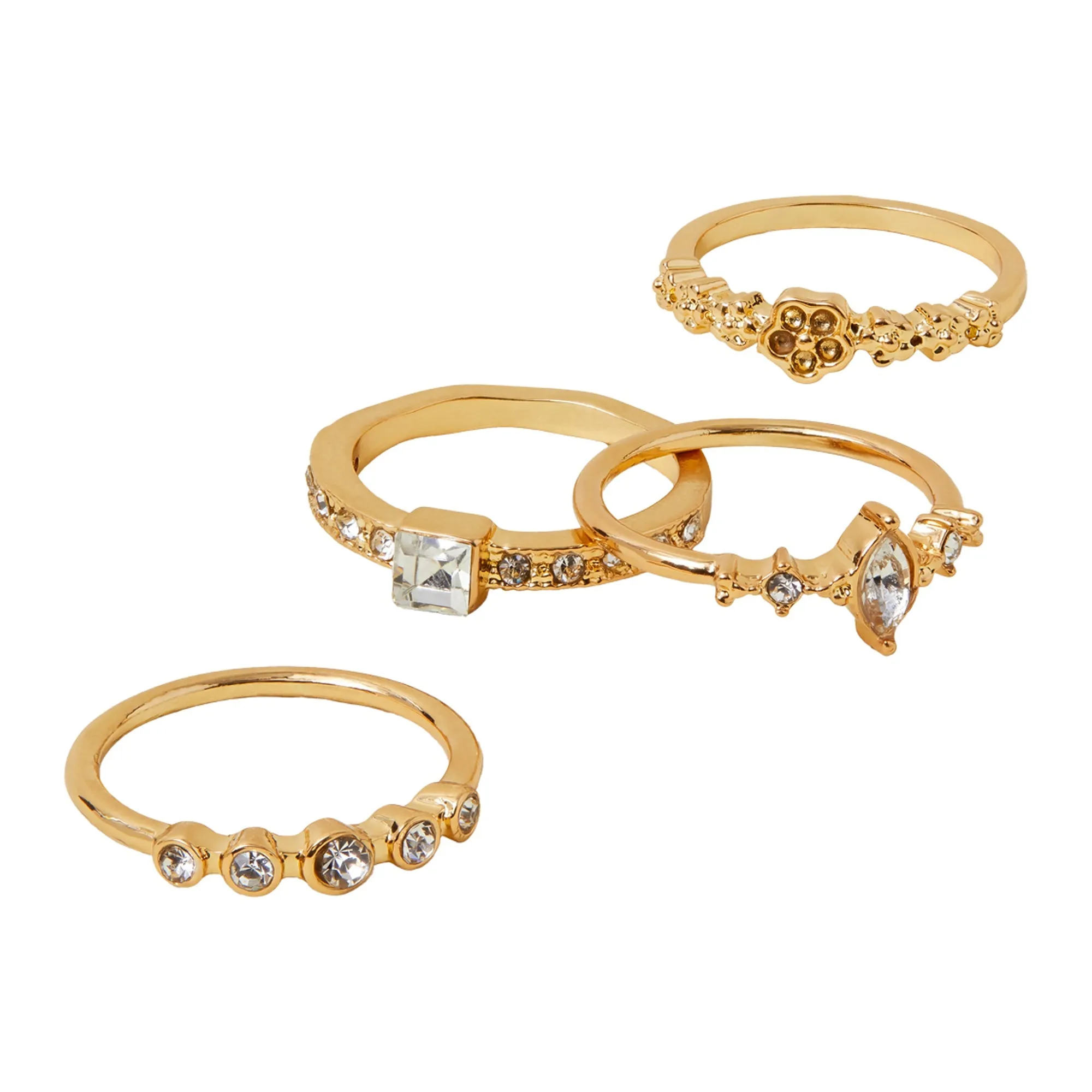 Accessorize London Women Gold Flower Sparkle Rings White Pack Of 4-Medium