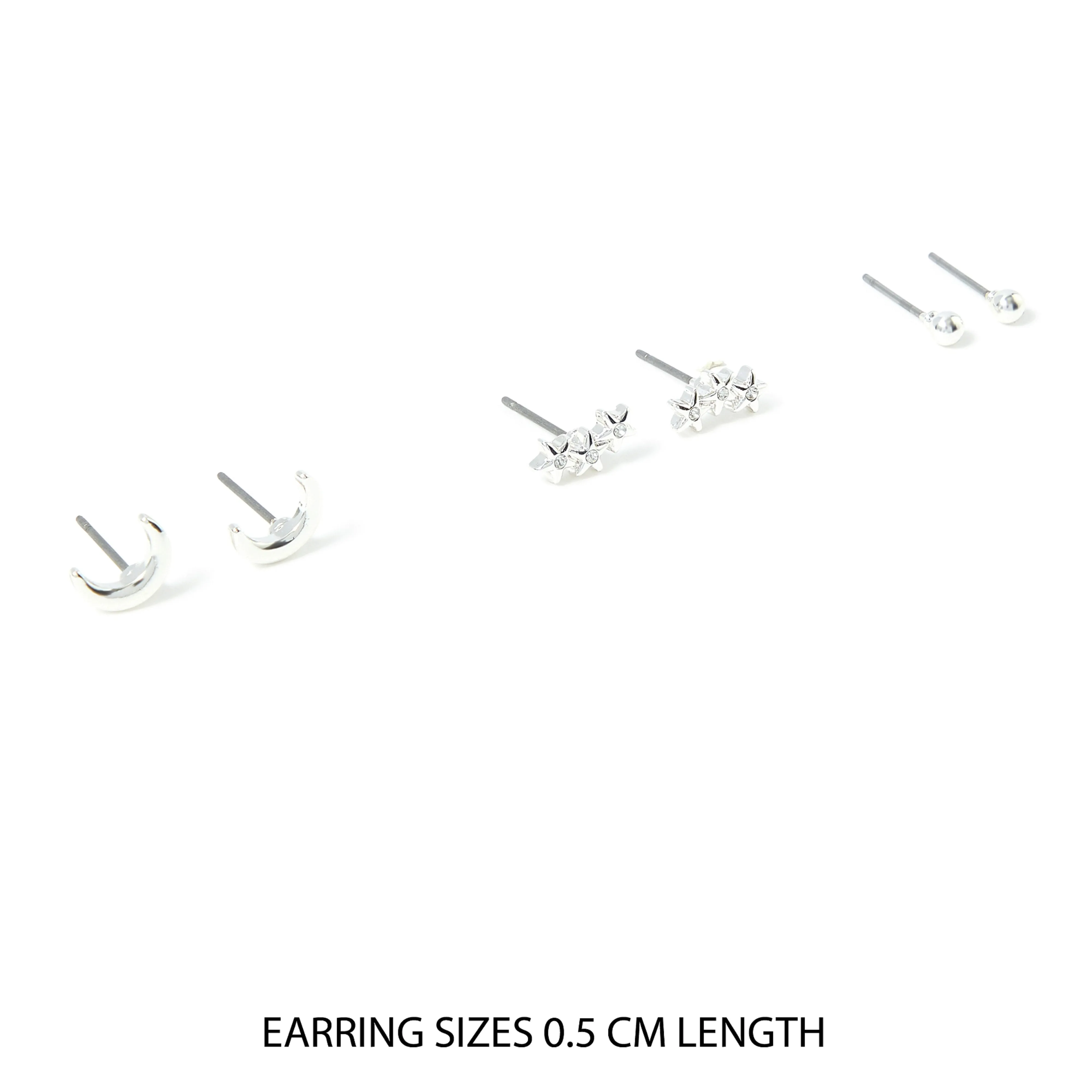 Accessorize London Women's Silver Set of 3 Stars Moon Stud Earring Pack