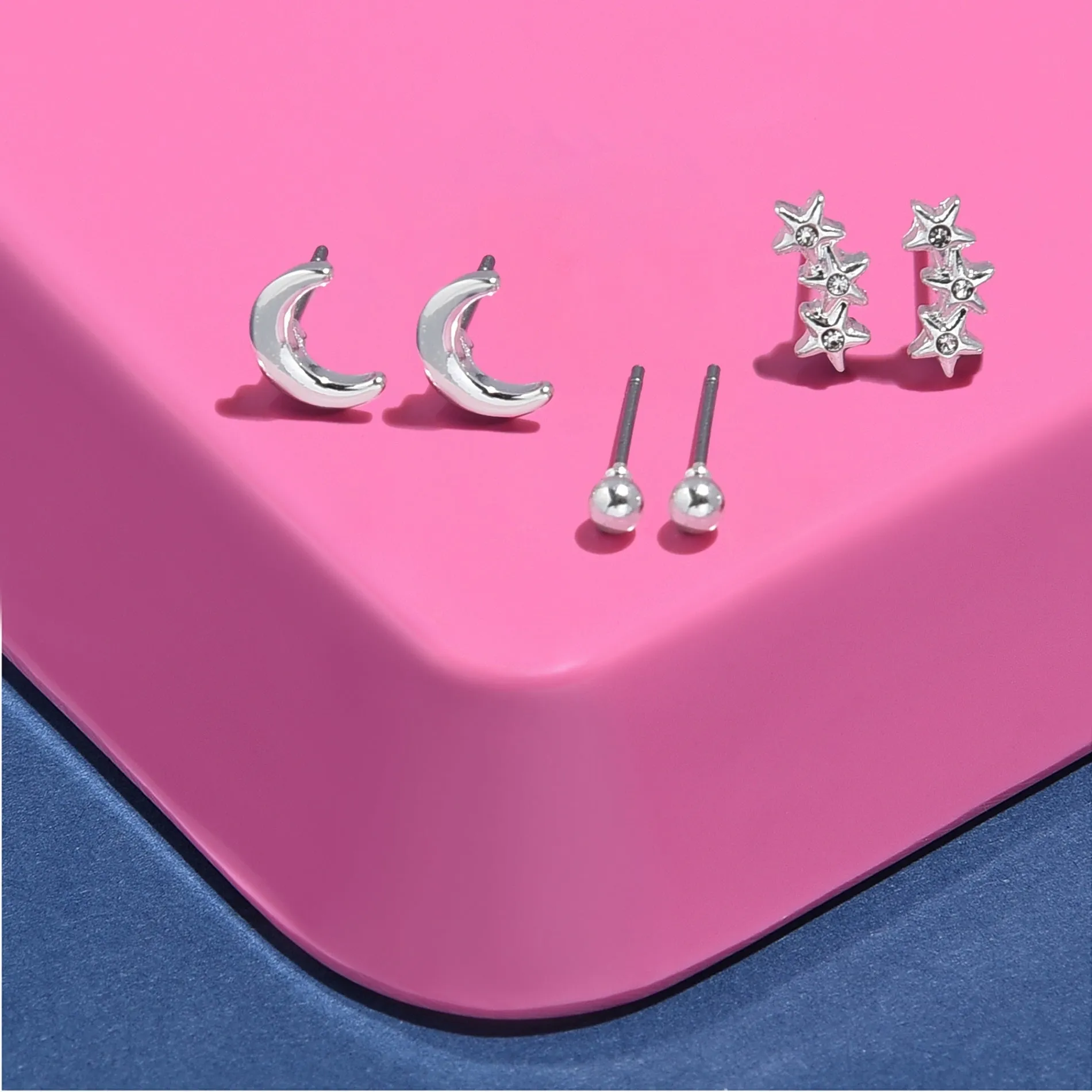 Accessorize London Women's Silver Set of 3 Stars Moon Stud Earring Pack