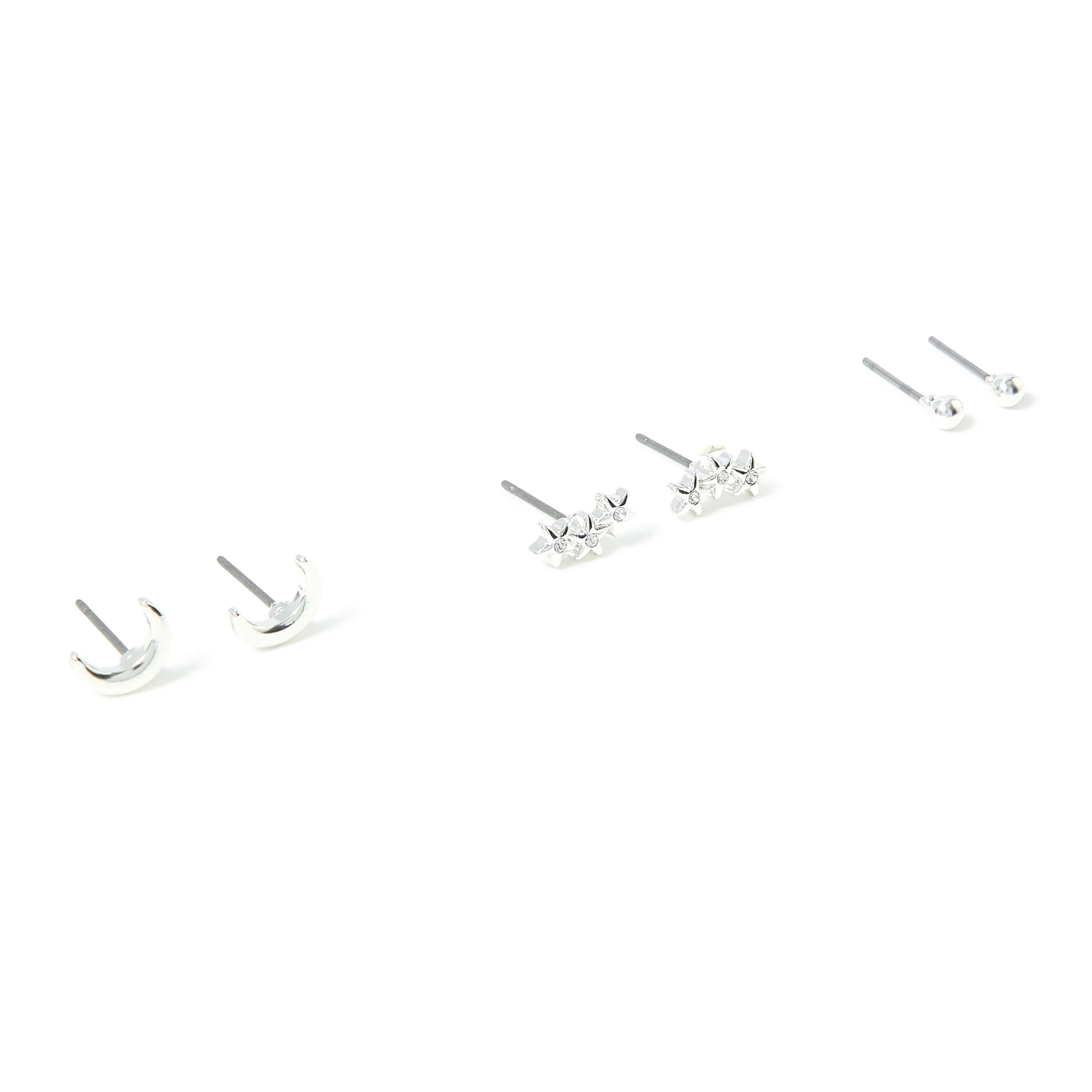 Accessorize London Women's Silver Set of 3 Stars Moon Stud Earring Pack