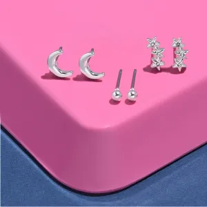 Accessorize London Women's Silver Set of 3 Stars Moon Stud Earring Pack