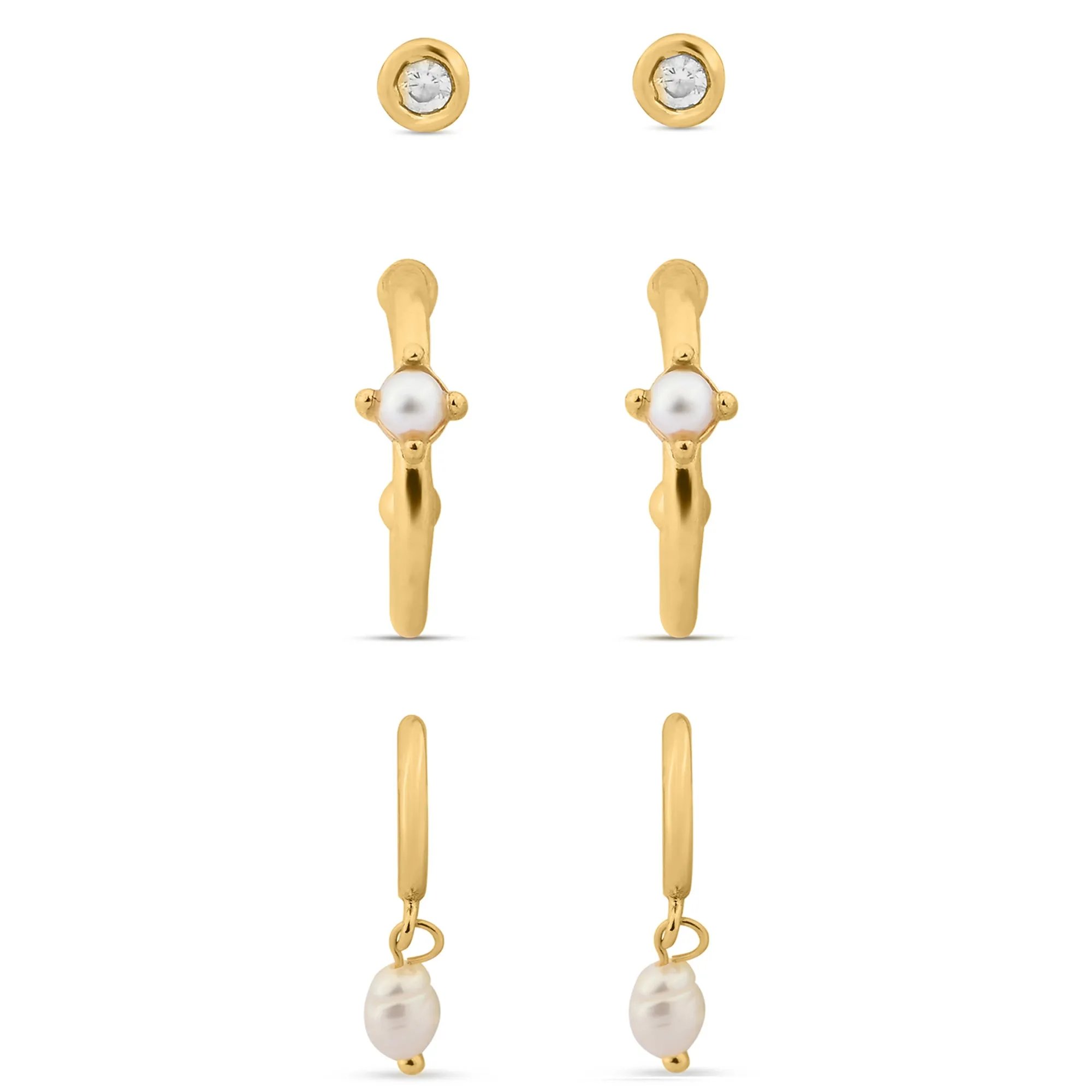 Accessorize London Women's Z Real Gold-Plated Cubic Zirconia Pearl Stud And Hoop Earrings Set Of Three