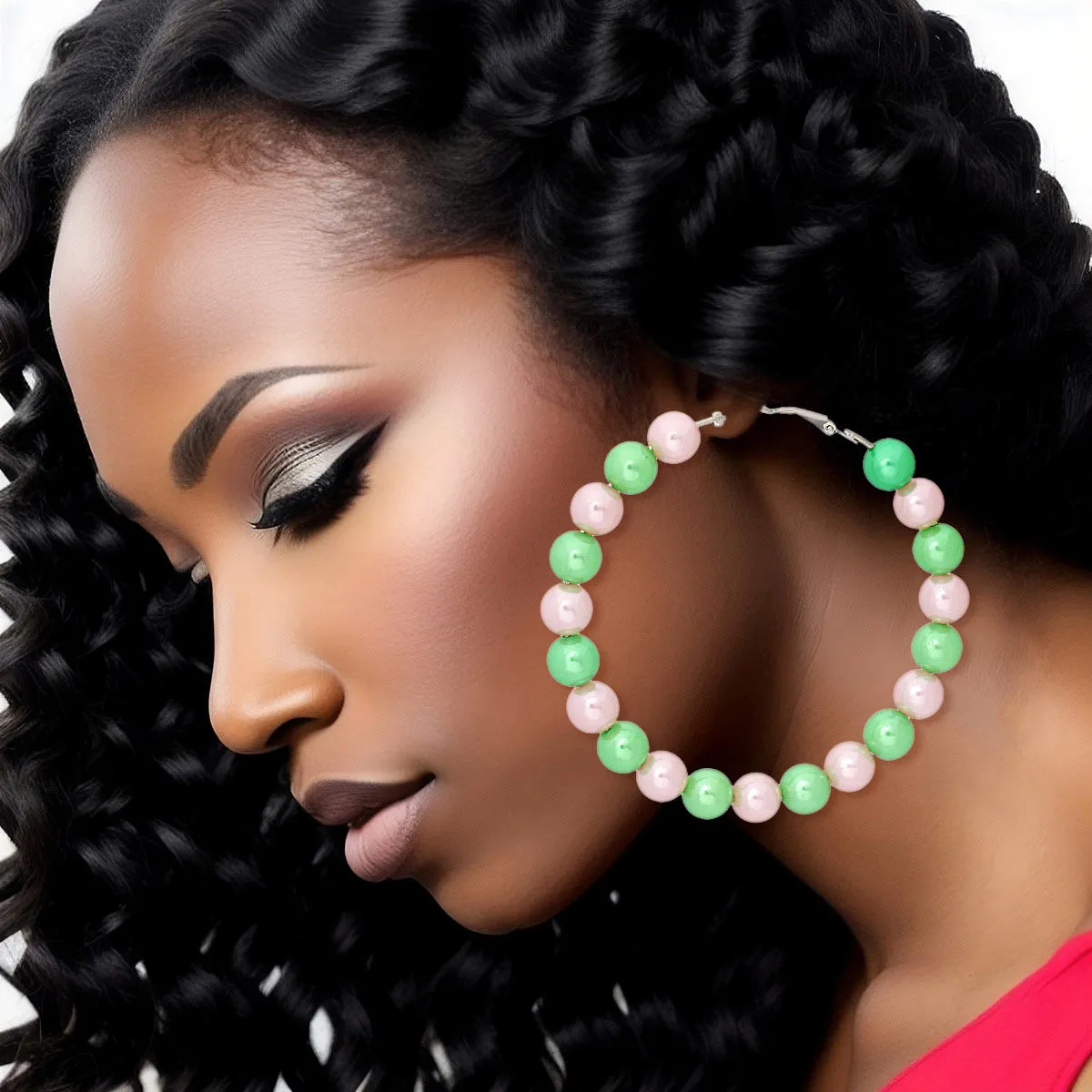 Alpha Kappa Alpha Jewelry - Inspired Pink Green Pearl Hoops for Women