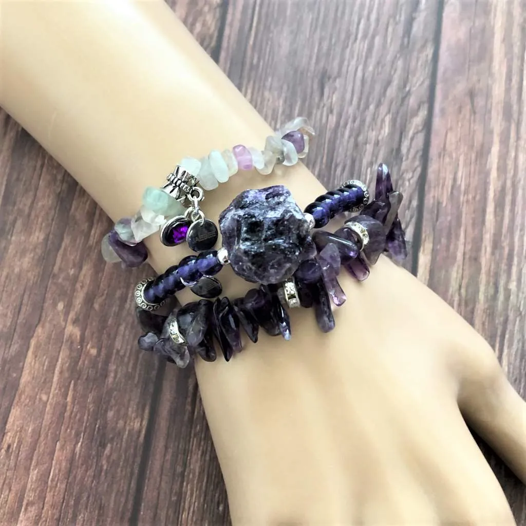 Amethyst Stick and Crystal Rondelle Stretch Bracelet