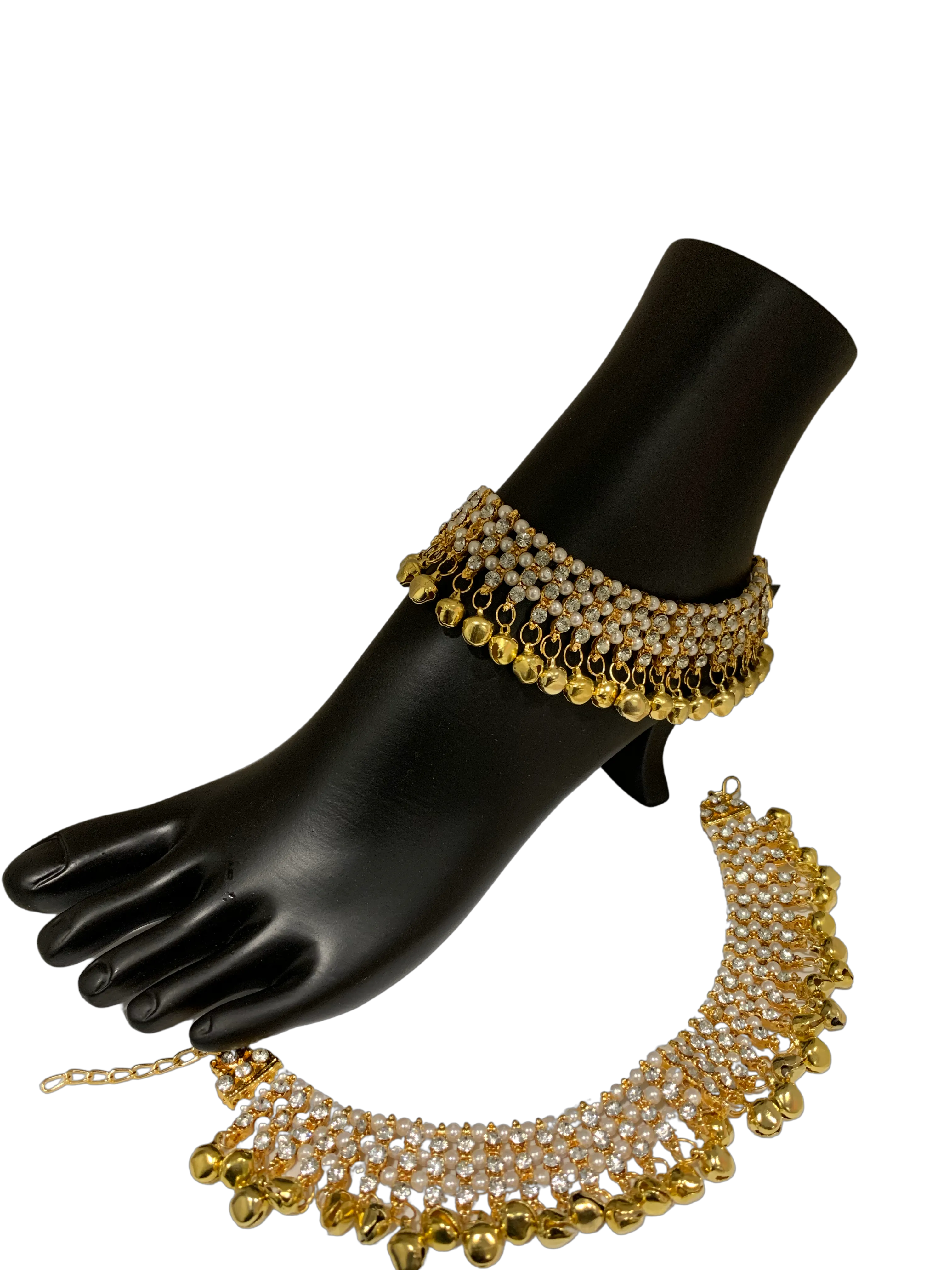 Antique Gold Plated Ghungroo Payal with White Stones