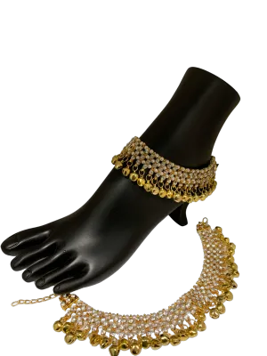 Antique Gold Plated Ghungroo Payal with White Stones