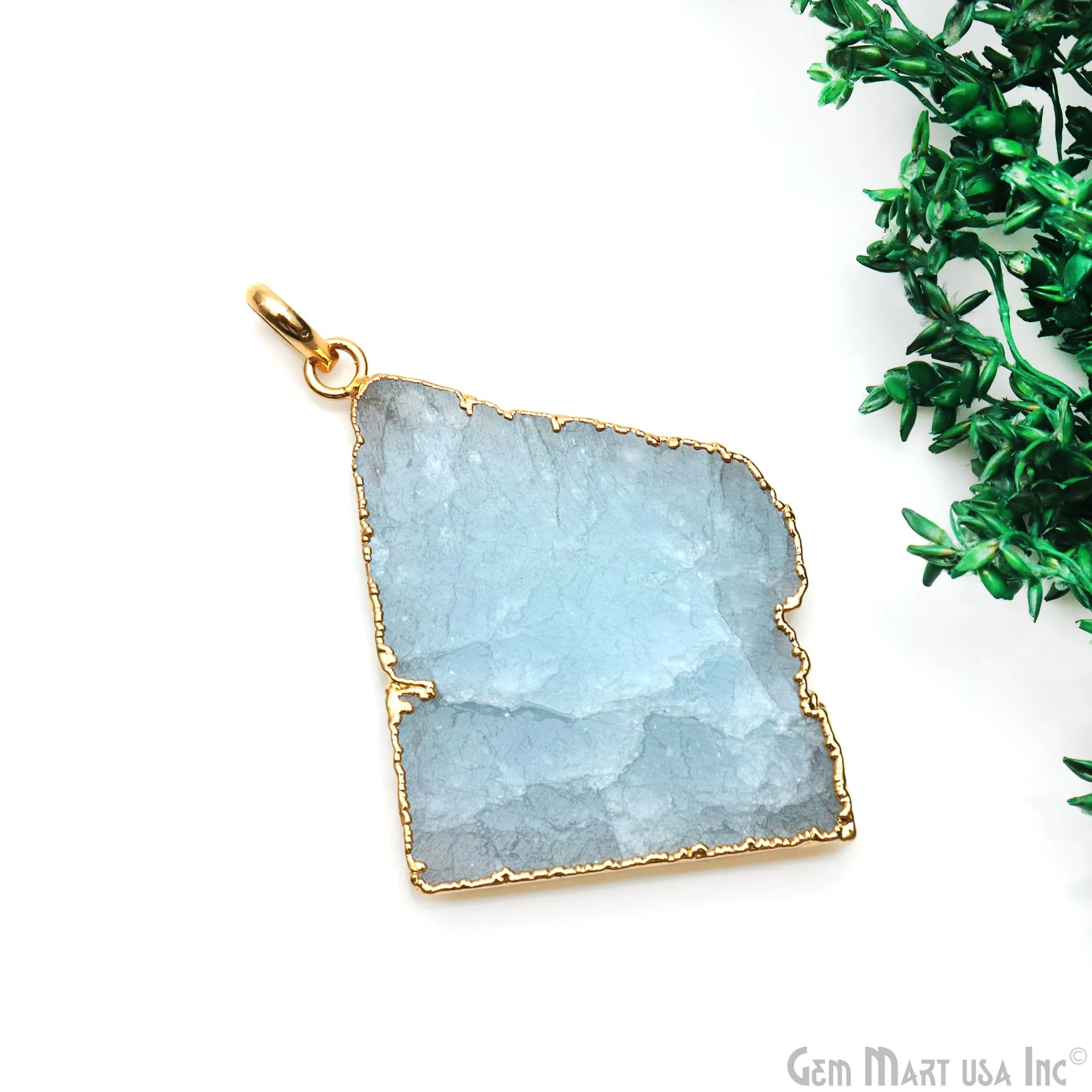 Aquamarine Free Form shape 44x32mm Gold Electroplated Gemstone Single Bail Pendant