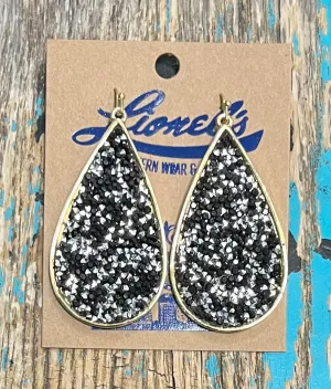 Black & Silver Glitter on Gold Teardrop Earrings