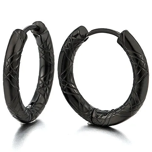 Black Grooved Circle Huggie Hinged Hoop Earrings for Men and Women, Stainless Steel, 2pcs, Versatile Design for Everyday Style or Special Occasions