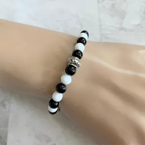 Black Onyx and White Czech Beaded Bracelet With Silver Accent Bead