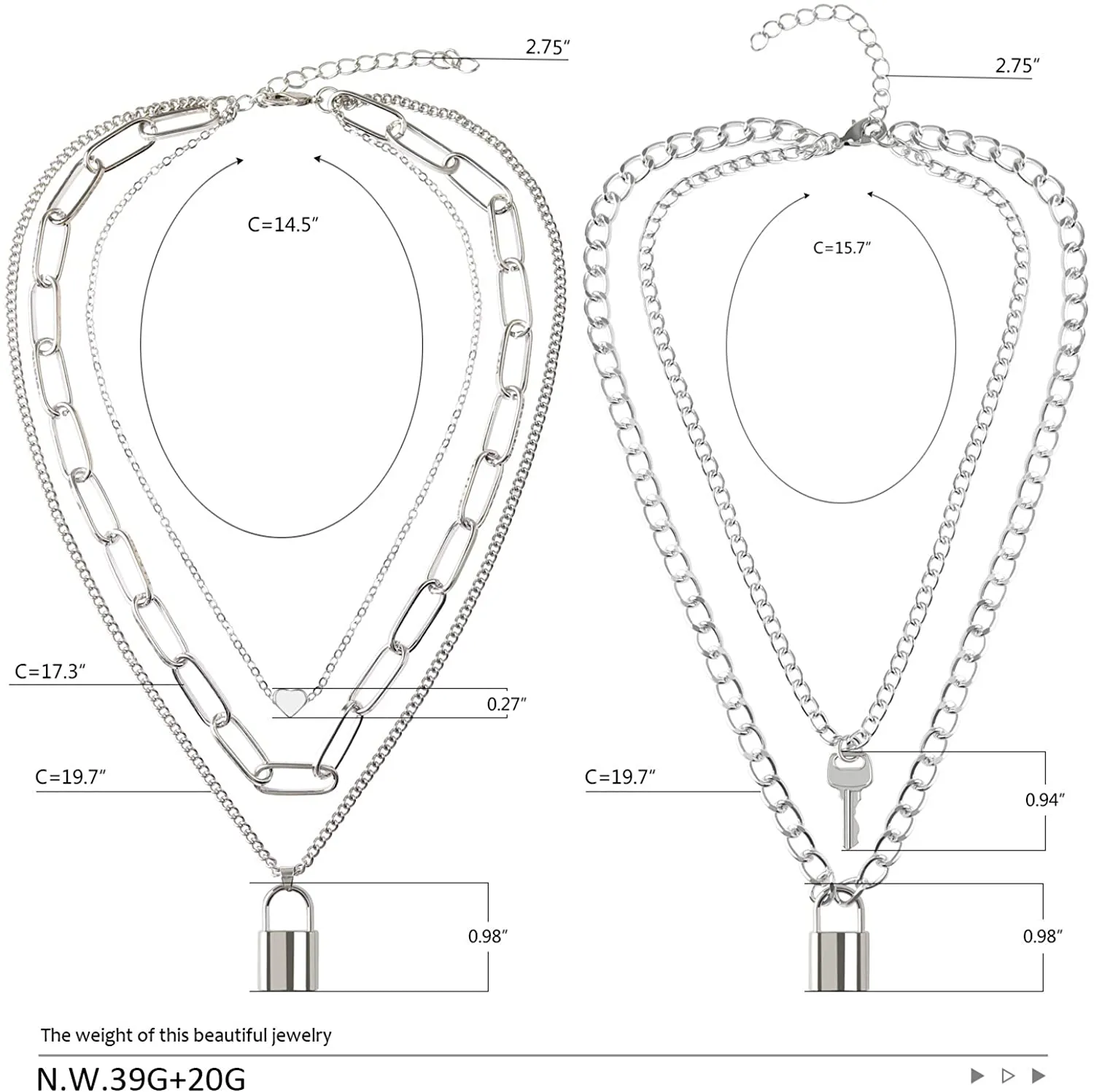 BVROSKI Lock Key Pendants Chains Necklace Set for Eboy Egirl Men Male Emo Goth Women Teen Girls Boys Jewelry Pack for Pants Punk Play