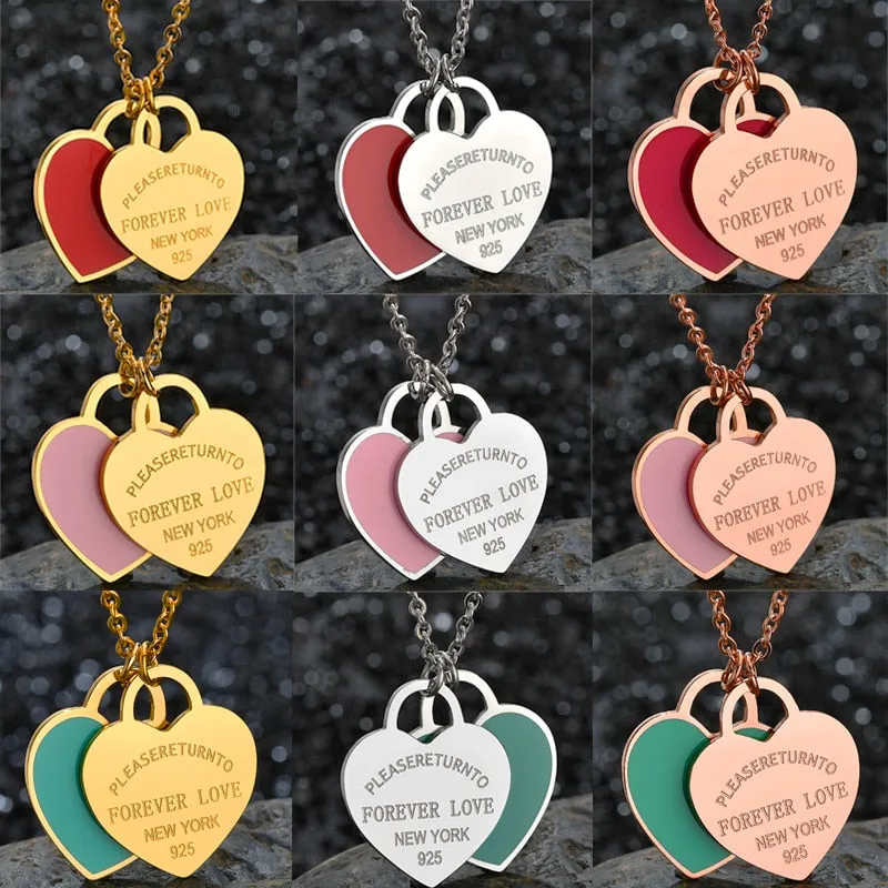 Charm Women Double Love Oil Drip Enamel Necklace Fashion Pendant Valentines Gift For Girls