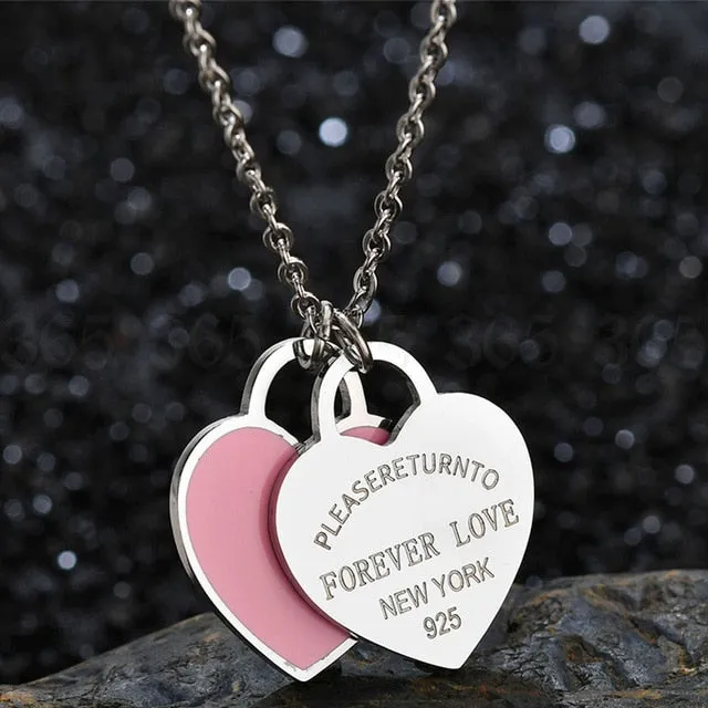 Charm Women Double Love Oil Drip Enamel Necklace Fashion Pendant Valentines Gift For Girls